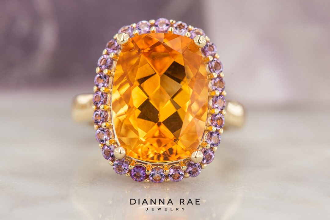 14k Yellow Gold Fire Opal and Amethyst Ring