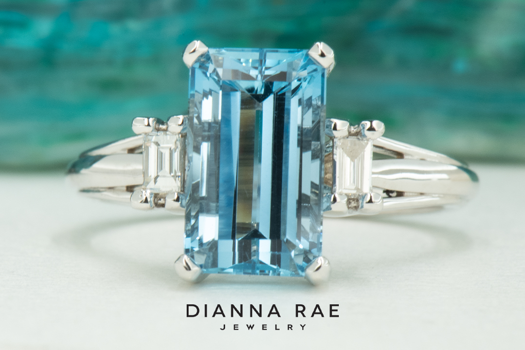 White Gold Emerald Cut Aquamarine Ring with Diamond Baguette Side Stones