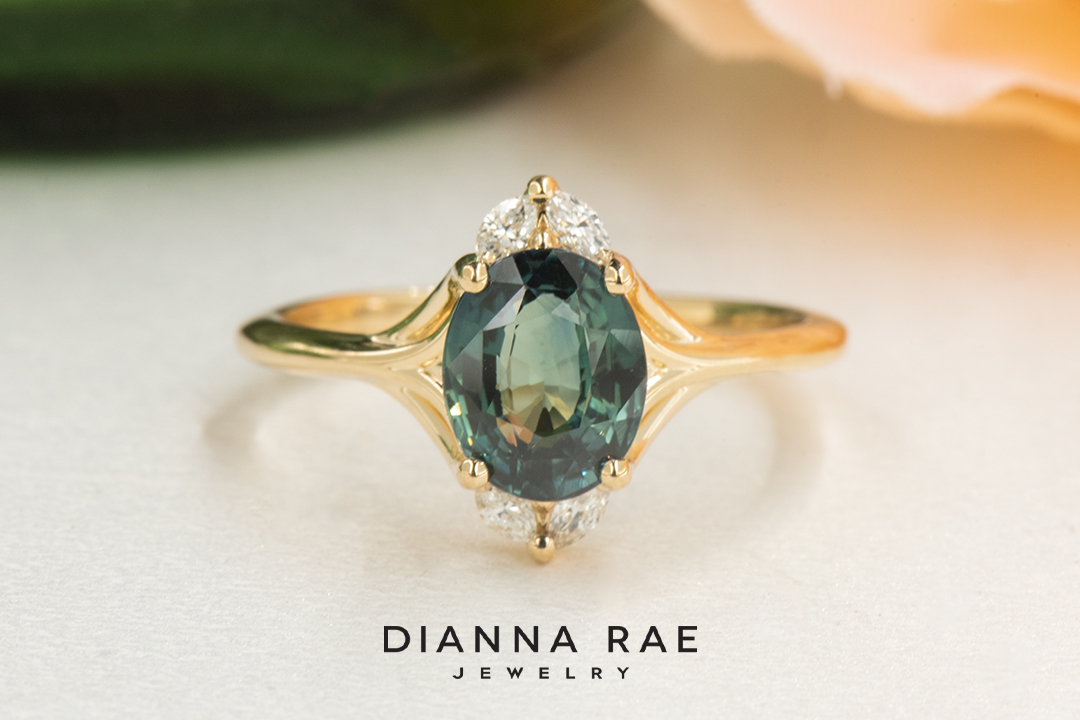 Teal Sapphire Ring with Marquise Diamond Accents