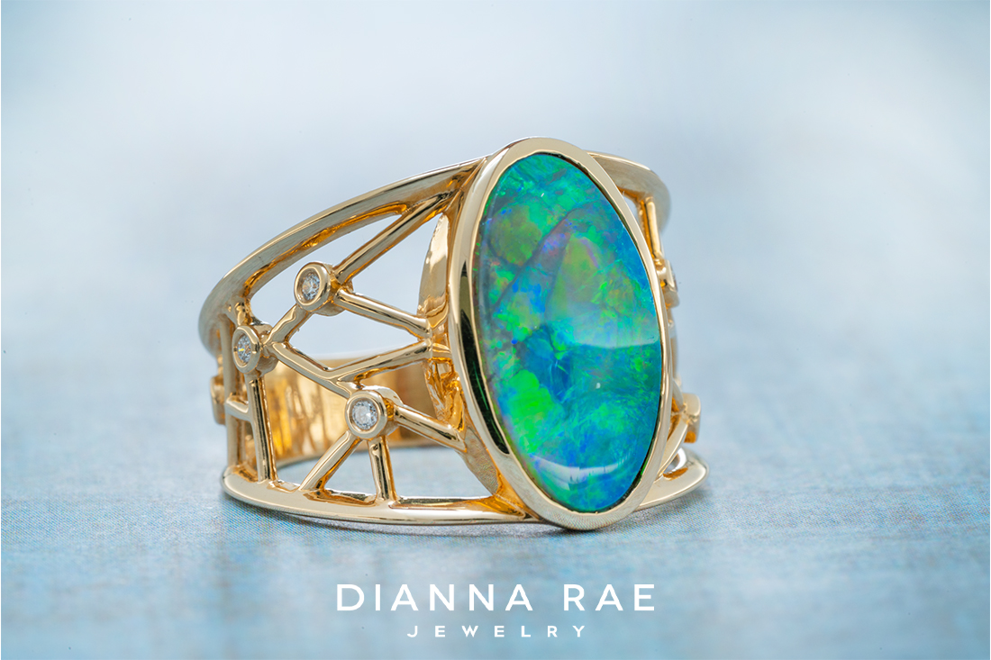 Geometric Bezel Set Black Opal Ring