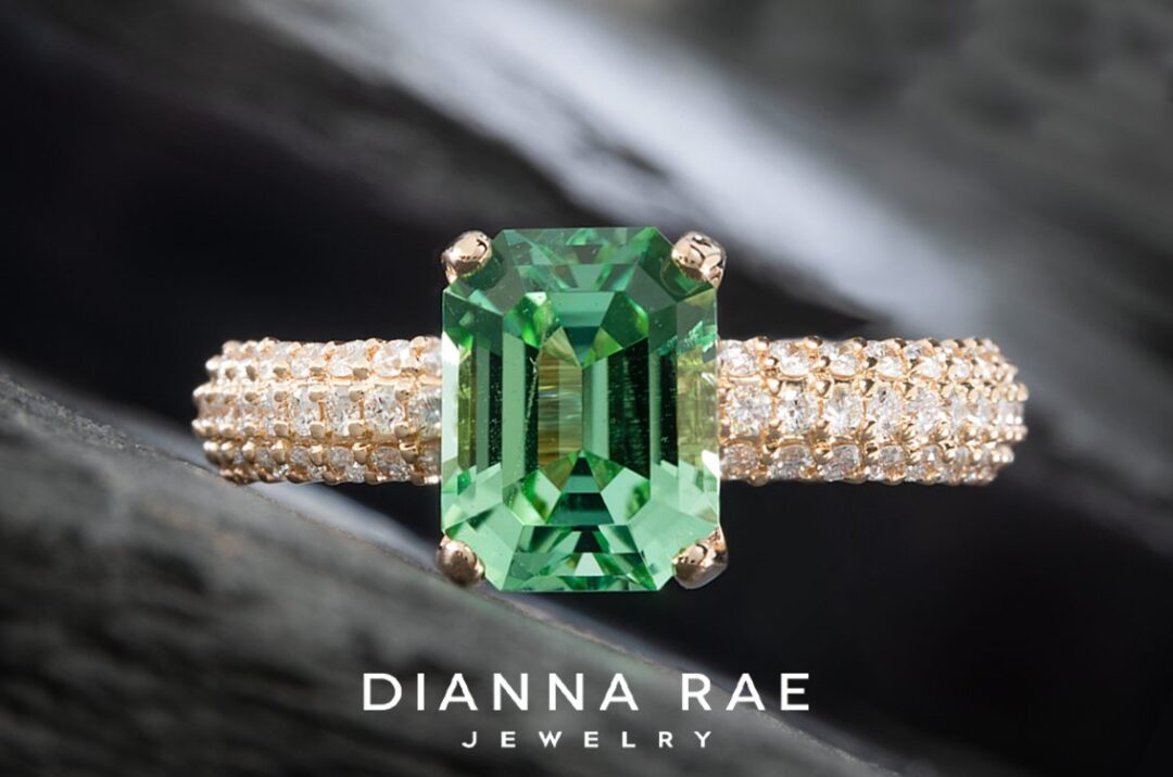 14K Yellow Gold Neon Mint Tourmaline Ring with Diamond accents