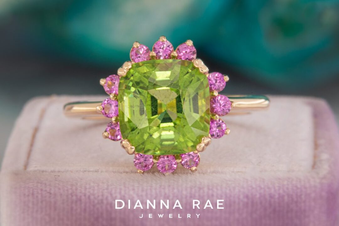Peridot Ring with Pink Sapphire Accented Halo - Image 2
