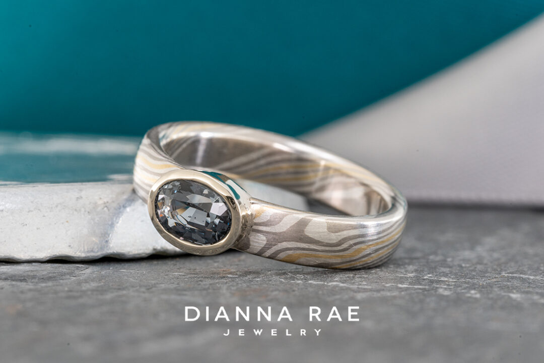 Mokume Gane Ring with Grey Spinel Center Stone - Image 2
