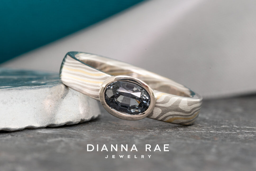 Mokume Gane Ring with Grey Spinel Center Stone