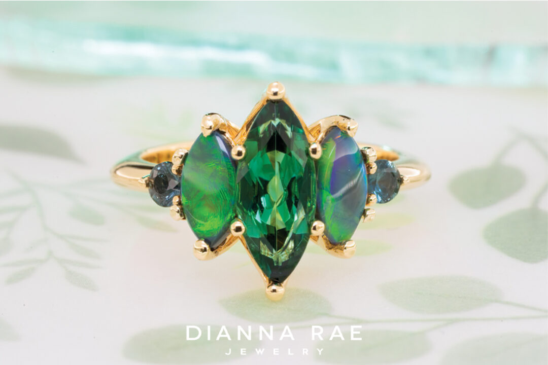 Green Tourmaline Ring with Black Opal and Teal Sapphire