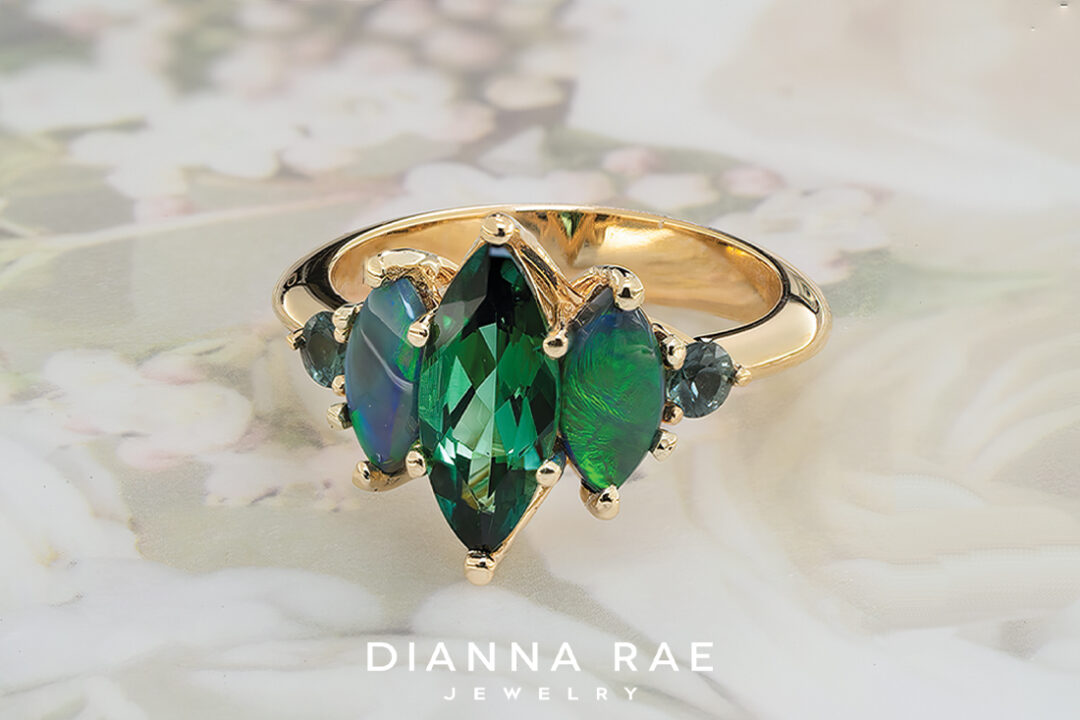 Green Tourmaline Ring with Black Opal and Teal Sapphire - Image 2