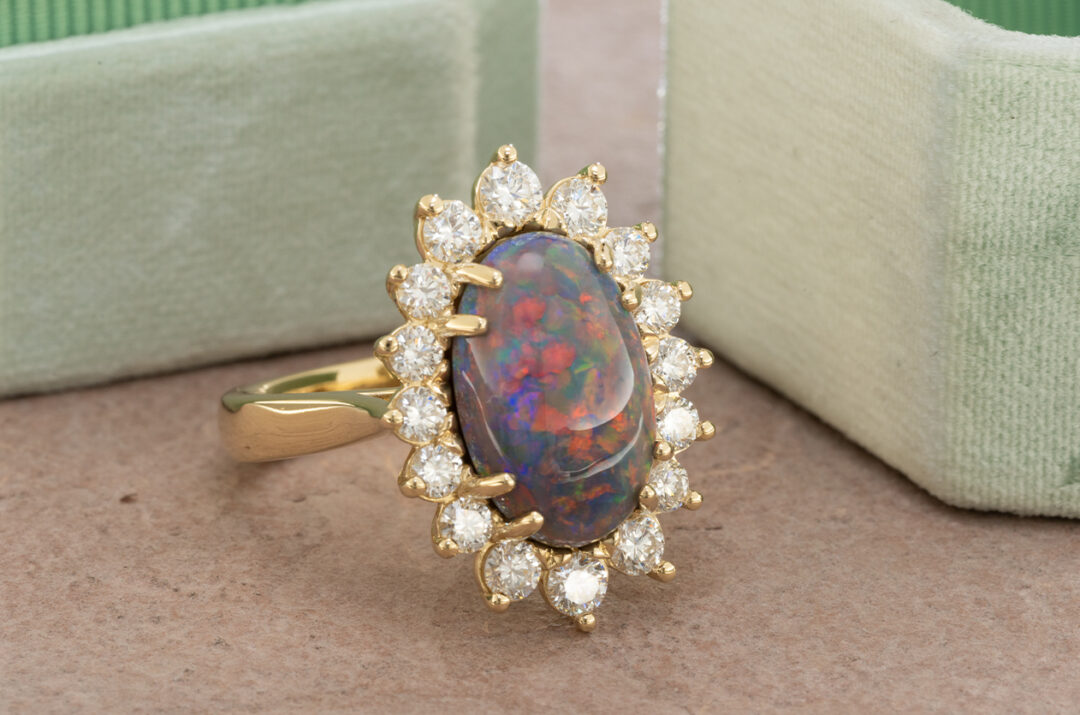 14K Yellow Gold Black Opal Ring with Diamond Cluster - Image 3