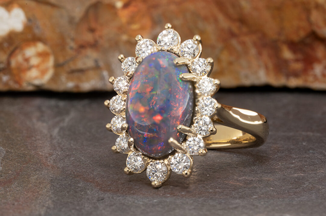 14K Yellow Gold Black Opal Ring with Diamond Cluster