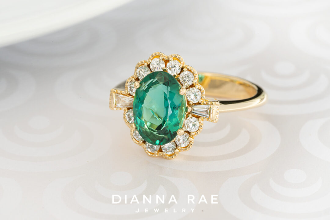 Green Tourmaline Ring with Diamond Halo - Image 2
