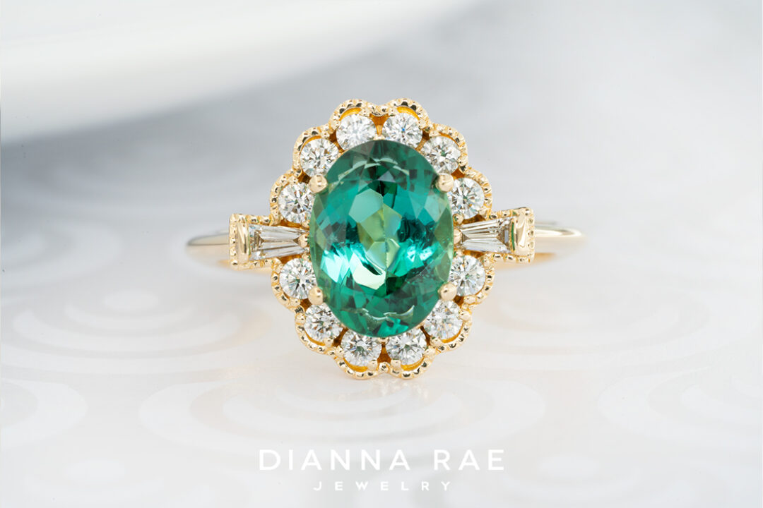 Green Tourmaline Ring with Diamond Halo