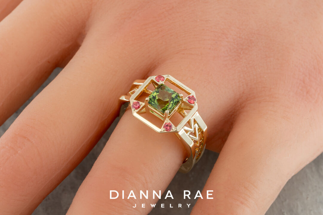 Square Green Tourmaline Ring with Diamond Accents - Image 5