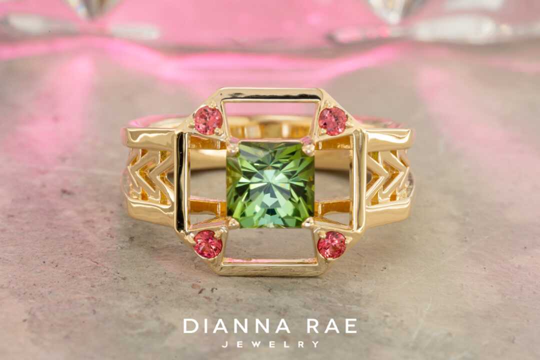 Square Green Tourmaline Ring with Diamond Accents - Image 3