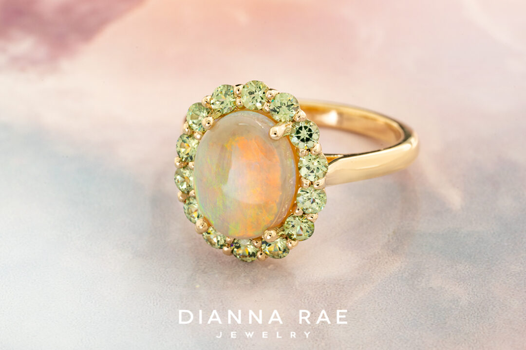 Australian Opal Ring with Demantoid Garnet Halo - Image 2
