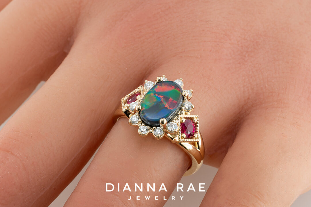 Black Opal & Ruby Ring with Diamond Halo - Image 2
