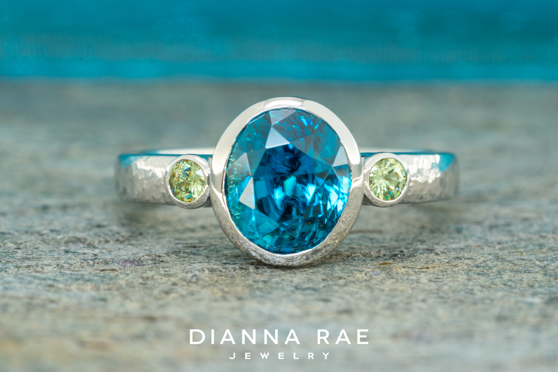 Blue Zircon and Garnet Ring