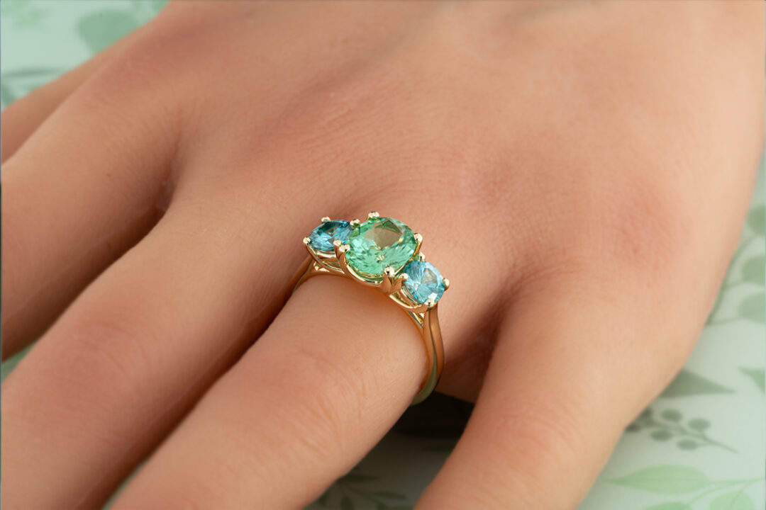 Mint Tourmaline and Blue Zircon Three Stone Ring - Image 2