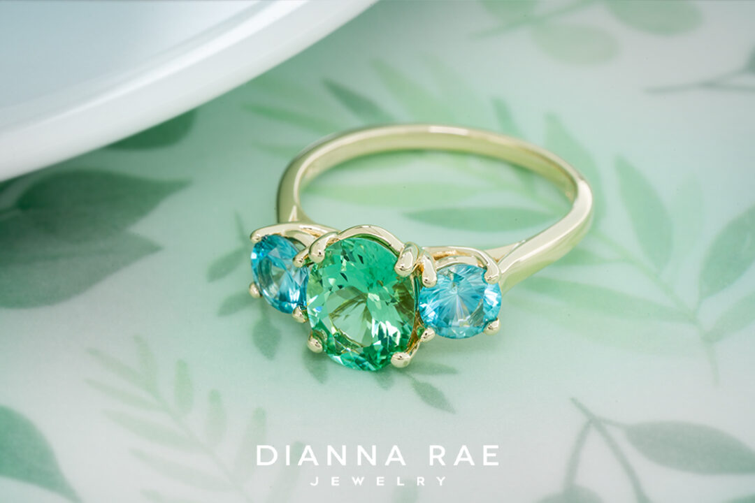 Mint Tourmaline and Blue Zircon Three Stone Ring - Image 3
