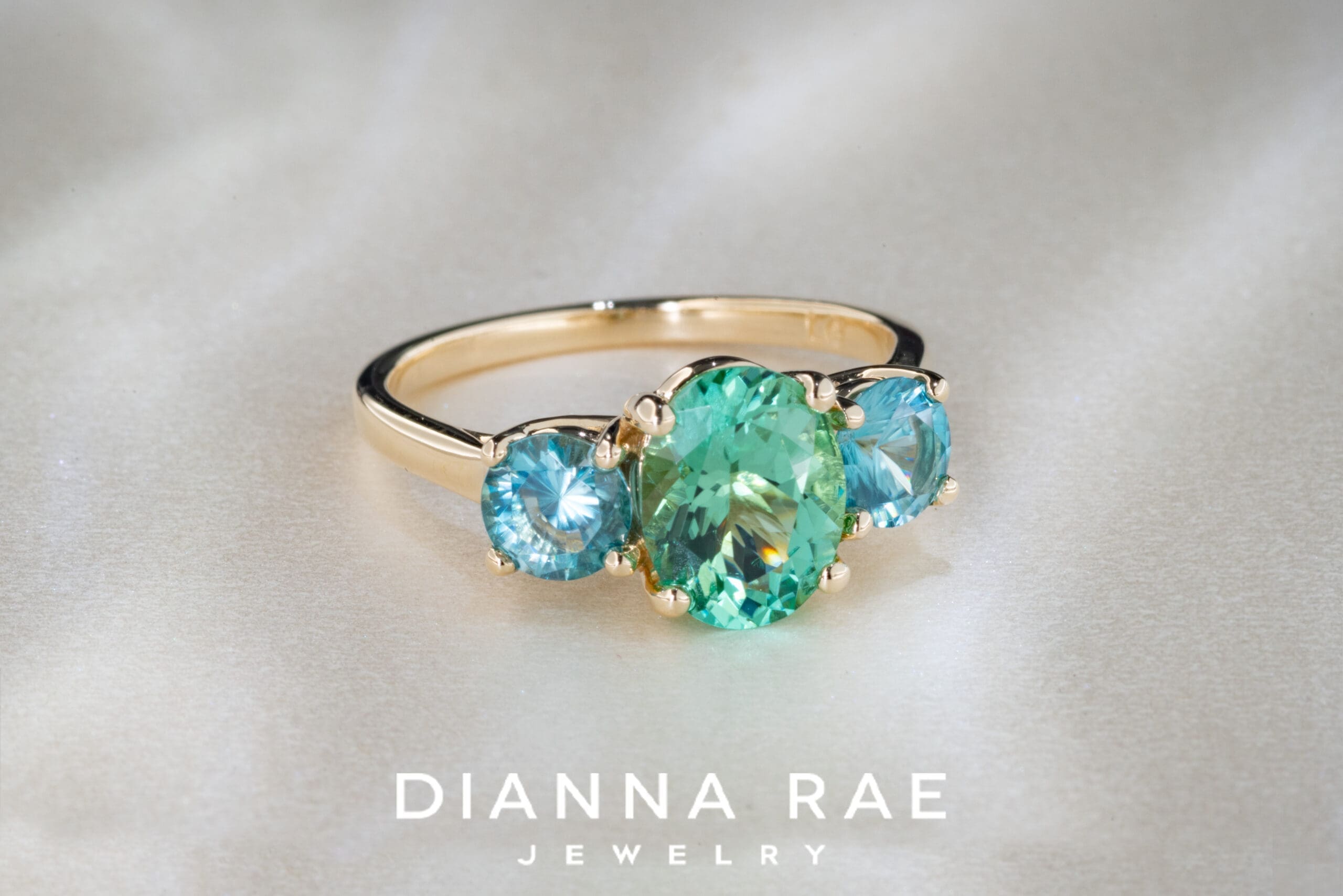 Mint Tourmaline and Blue Zircon Three Stone Ring