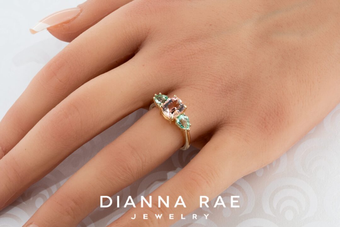 Pink Tourmaline and Emerald 3-Stone Ring - Image 2