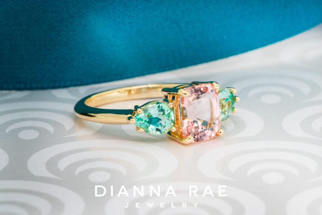 Pink Tourmaline and Emerald 3-Stone Ring