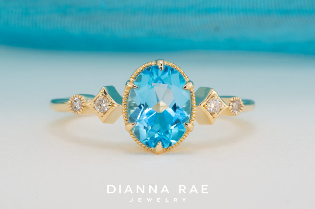 14K Yellow Gold Blue Topaz & Diamond Ring
