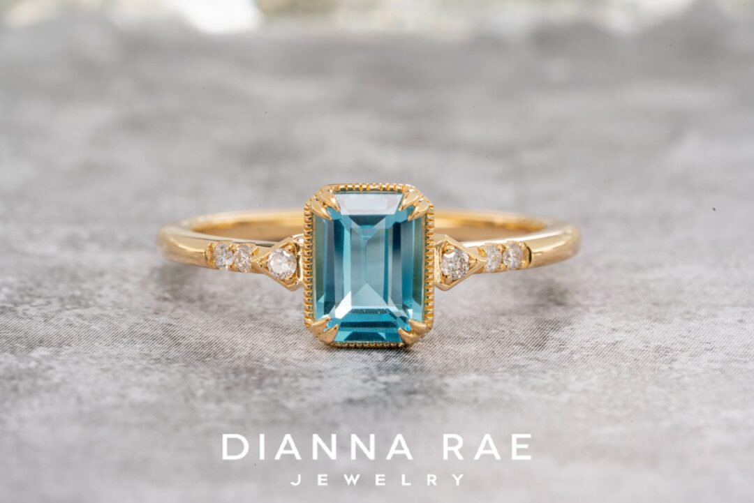14K Yellow Gold Emerald Cut Blue Topaz and Diamond Ring - Image 3