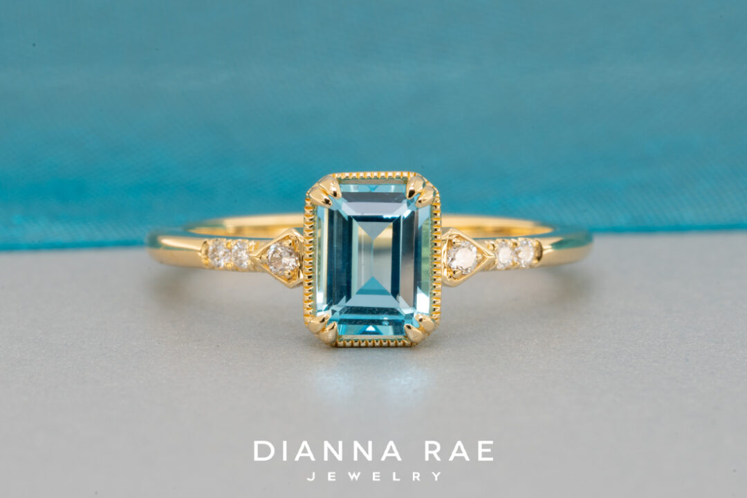 14K Yellow Gold Emerald Cut Blue Topaz and Diamond Ring - Image 2