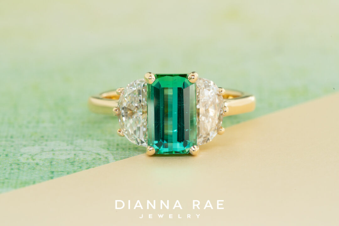 Green Tourmaline Ring with Diamond Side Stones - Image 2