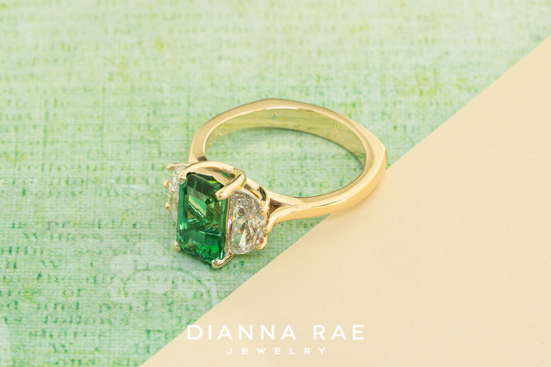 Green Tourmaline Ring with Diamond Side Stones