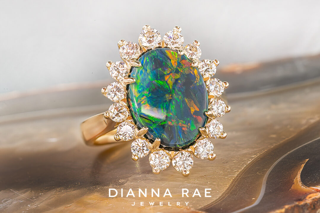 Black Opal Ring with Diamond Accented Halo - Image 2