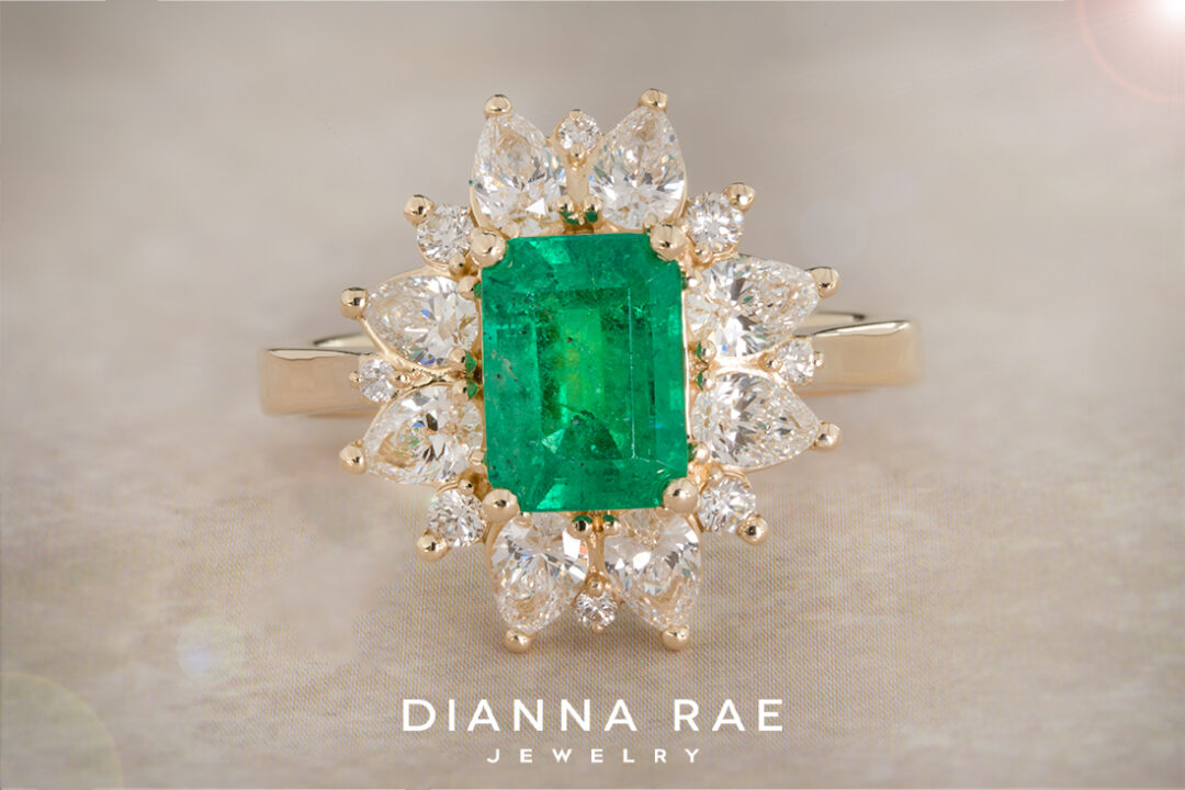 Emerald Ring with Diamond Halo