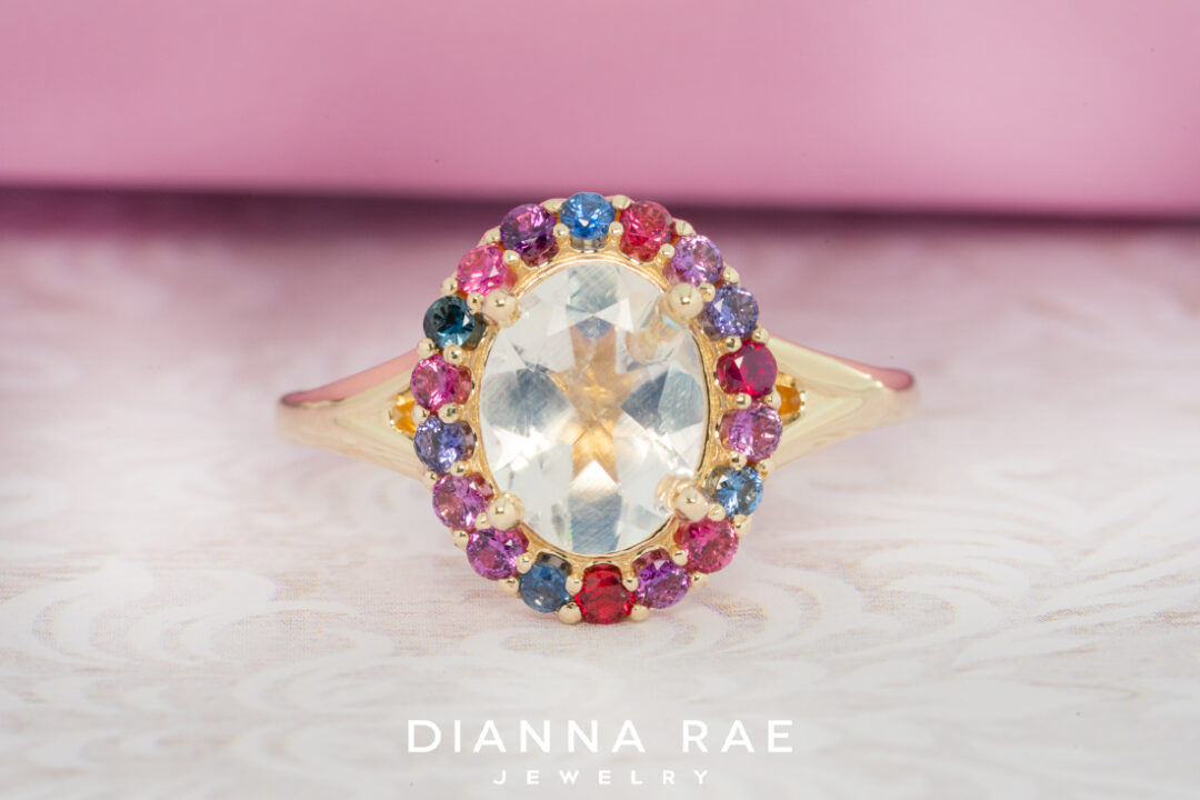 Moonstone Ring with Sapphire Accented Halo