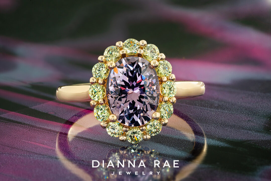 Lavender Spinel Ring with Demantoid Garnet Halo