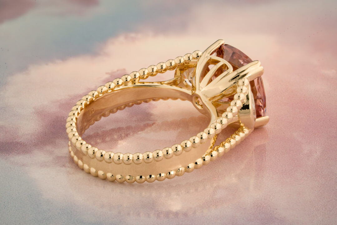 Rose Zircon Ring with Diamond Side Stones - Image 2