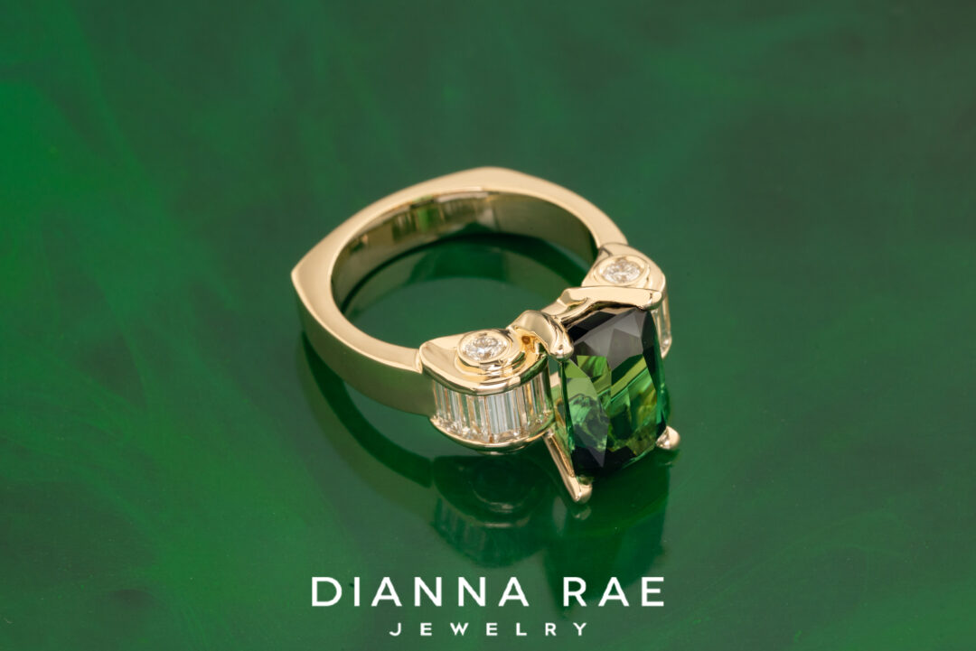 Green Tourmaline Ring with Baguette Diamond Accents - Image 2