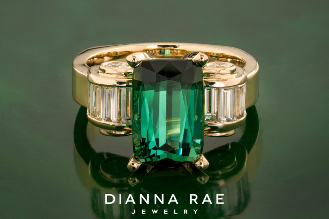 Green Tourmaline Ring with Baguette Diamond Accents - Image 3
