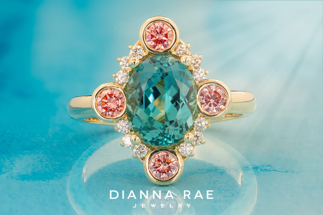 Blue-Green Tourmaline Ring with Pink Diamond Accents