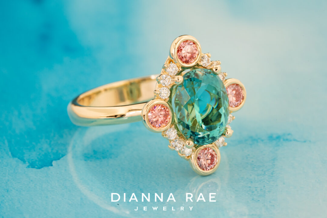 Blue-Green Tourmaline Ring with Pink Diamond Accents - Image 2