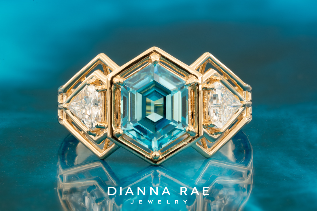 Blue Zircon with Shield Diamond Accents