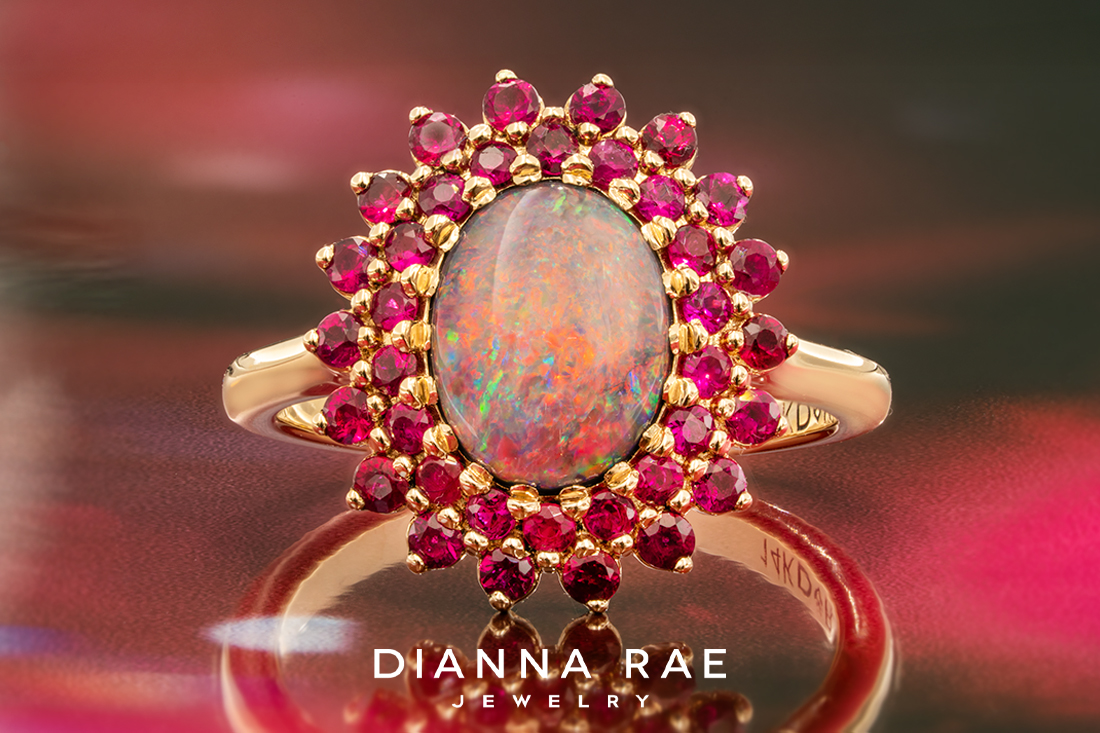 Australian Opal Ring with Ruby Halo