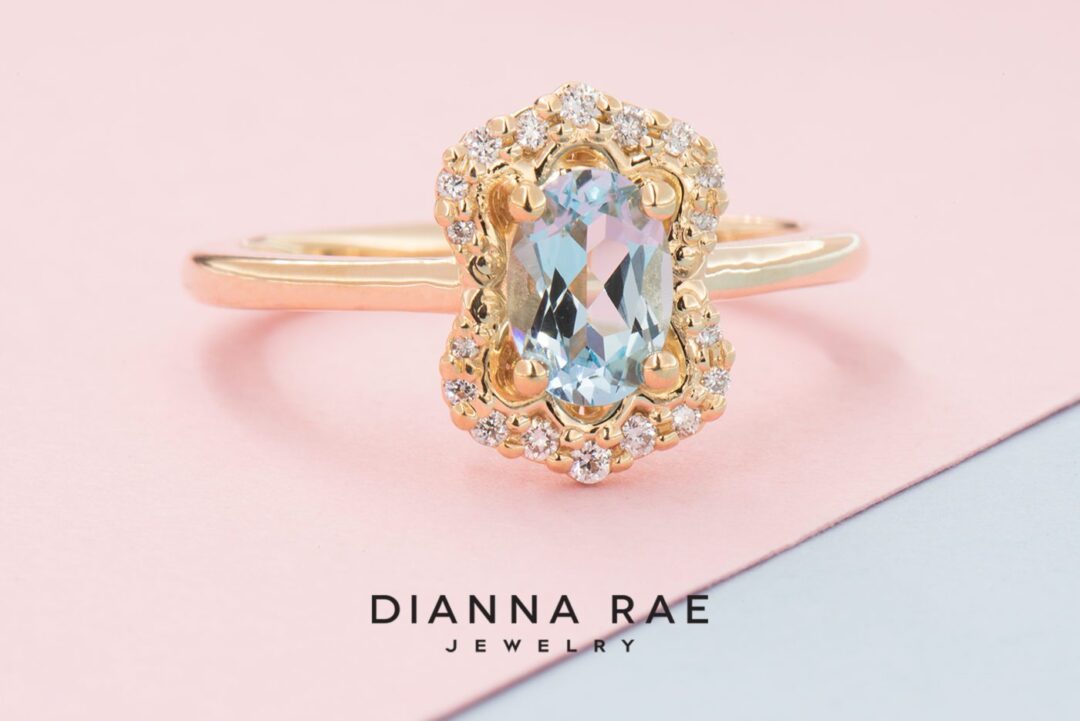 Yellow Gold Blue Topaz Ring with Vintage Inspired Halo