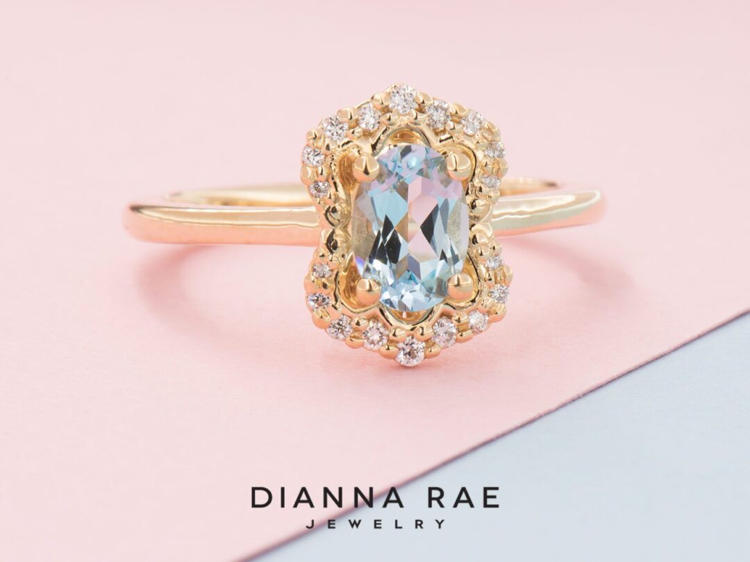 Yellow Gold Blue Topaz Ring with Vintage Inspired Halo - Image 4