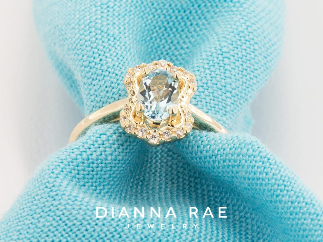 Yellow Gold Blue Topaz Ring with Vintage Inspired Halo - Image 2