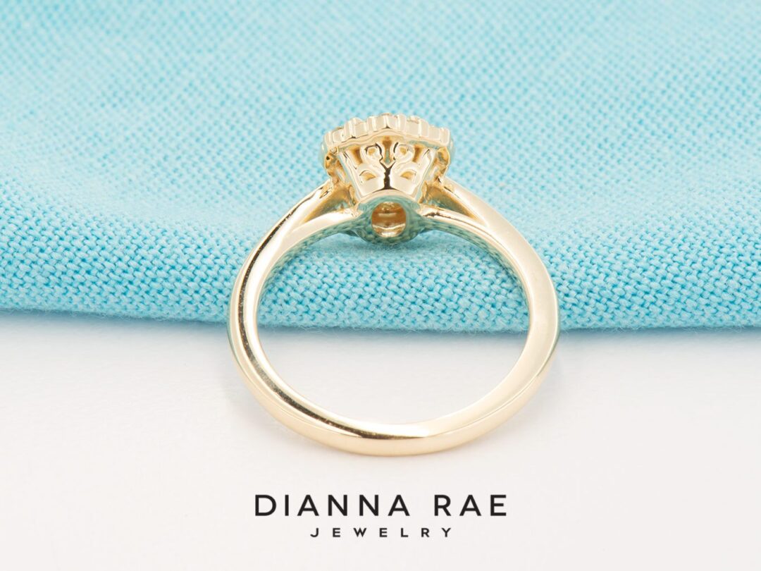 Yellow Gold Blue Topaz Ring with Vintage Inspired Halo - Image 3