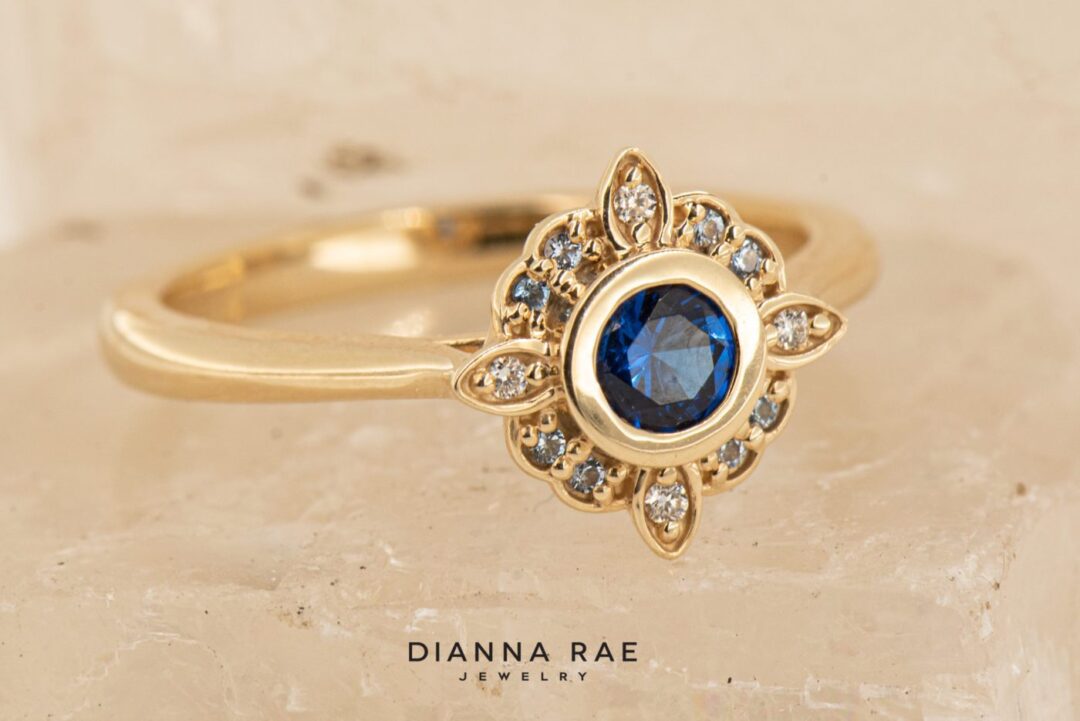 10K Yellow Gold Imitation Sapphire Ring with Aquamarine and Lab Diamond Accents - Image 3