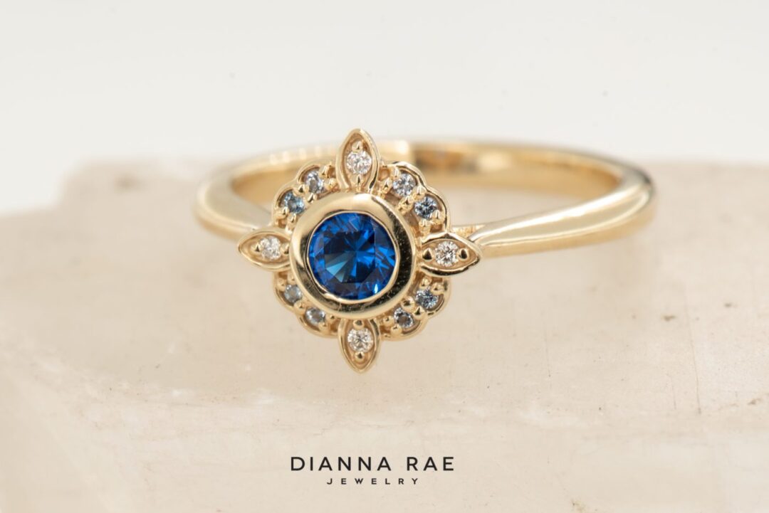 10K Yellow Gold Imitation Sapphire Ring with Aquamarine and Lab Diamond Accents - Image 4