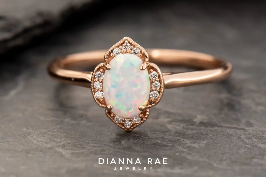 10K Rose Gold Lab Opal and Lab Diamond Accented Ring