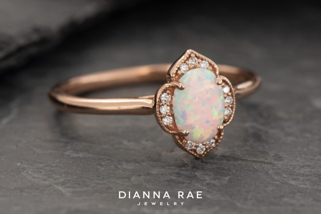 10K Rose Gold Lab Opal and Lab Diamond Accented Ring - Image 4