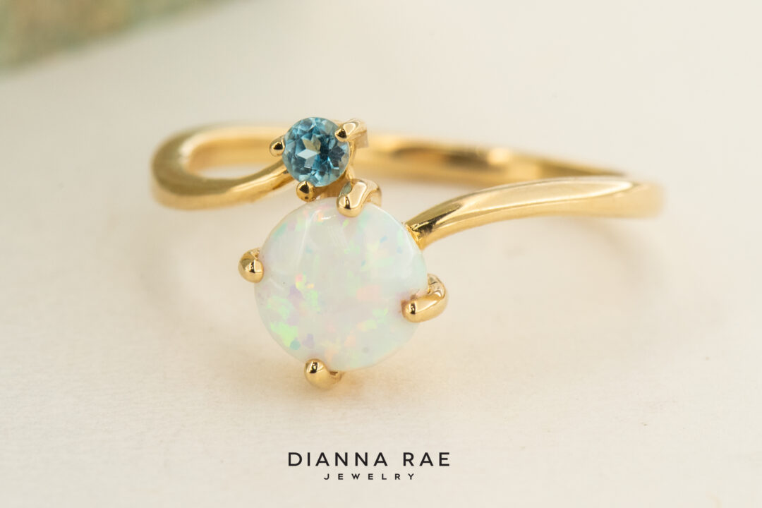 10K Yellow Gold Lab Opal & Blue Topaz Bypass Class Ring - Image 2