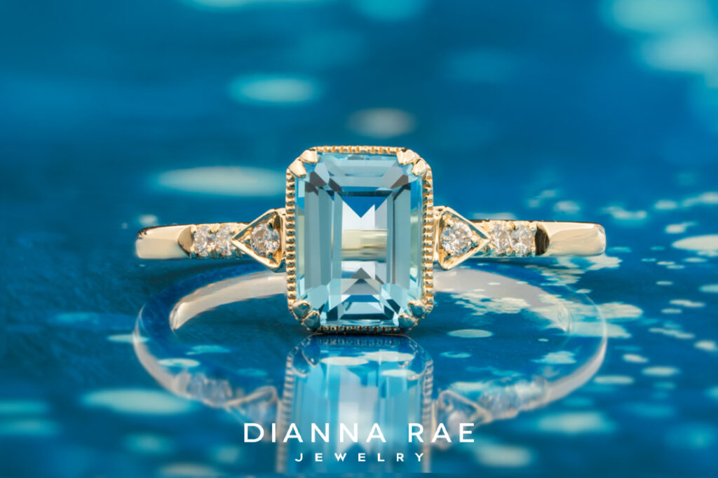 14K Yellow Gold Emerald Cut Blue Topaz and Diamond Ring